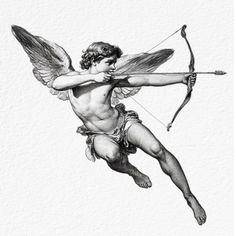 an angel with a bow and arrow in his hand is flying through the air,