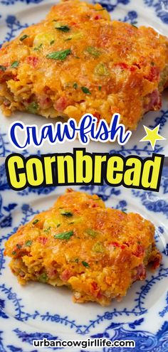 two crab cakes on a blue and white plate with the words caawfish cornbread