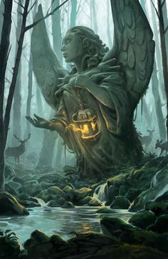 an angel holding a lantern in the middle of a forest