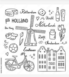 a black and white drawing of holland with different things to see in the image on it