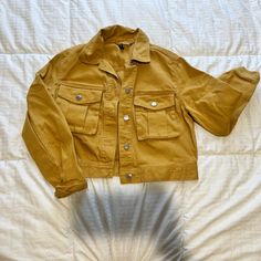 Yellow Jean Style Jacket From H&M Worn Once, Basically Brand New. In Great Condition. Size Small H&m Long Sleeve Denim Jacket With Pockets, H&m Denim Jacket With Pockets, H&m Long Sleeve Denim Jacket For Fall, H&m Long Sleeve Denim Jacket For Spring, H&m Denim Jacket For Spring, Trendy Collared Cropped Jacket With Button Cuffs, Trendy Cropped Jacket With Button Cuffs And Collar, H&m Fall Denim Jacket With Pockets, H&m Denim Jacket With Pockets For Fall