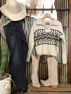 Cowboy Boots Outfit Winter, Cable Knit Sweater Outfit, Western Chic Fashion, Cowboy Boot Outfits, Western Fits, Winter Boots Outfits, Cowgirl Style Outfits, Knit Sweater Outfit, Cowgirl Outfit