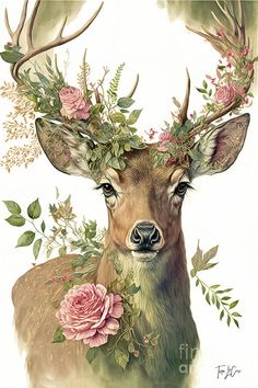 a painting of a deer with flowers on its antlers