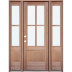 an open wooden door with glass panels