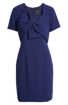 Be ready for your next evening event in this svelte sheath dress fashioned with an oversized bow at the bodice and a face-framing V-neckline. 38" length (size 6) V-neck Short sleeves Lined 100% polyester Dry clean Imported Wine Dress, V Neck Cocktail Dress, Red Cocktail Dress, Bow Detail Dress, Dress Dusty, Black Sheath Dress, Lace Sheath Dress, Dress Home, Face Framing