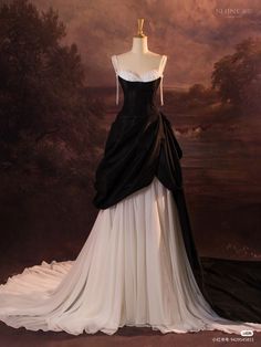 Haute Couture Black And White, Chanel Inspired Prom Dress, Vintage Chanel Dresses, Big Elegant Dresses, Chanel Formal Dress, Fabric Draped Over Person, Princess Aesthetic Prom Dresses, Chanel Elegant Dress, Open Back Elegant Dress