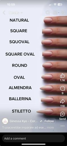 Round Square Nails, Nail Shape Chart, Round Shaped Nails, Square Oval Nails, Round Nail Designs, Short Almond Shaped Nails, Natural Nail Shapes, Oval Shaped Nails, Wide Nails