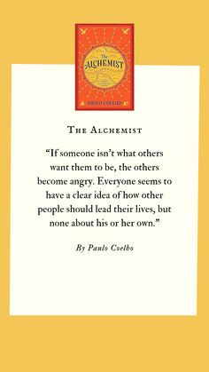 the alchemist quote by paul golds on yellow background with orange border and white paper