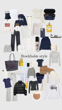 a collage of clothing and accessories with the words stockholm style written in white on it