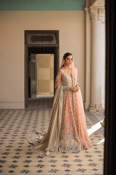 Gold Organza Gown With Dabka Work, Peach Traditional Wear With Intricate Embroidery For Reception, Anarkali Dress With Hand-embellished Organza, Designer Hand Embellished Organza Anarkali Set, Festive Peach Anarkali Set With Intricate Embroidery, Peach Sharara With Dabka Work For Weddings, Anarkali Dress In Hand-embellished Organza, Peach Traditional Wear With Dupatta For Reception, Hand Embellished Organza Dupatta For Designer Wear