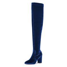 Step into sophistication with our Elegant Velvet Round Toe Chunky Heel Over-the-knee Boots in Blue. Luxurious velvet, a chic round toe, and a sturdy heel make a bold style statement. Color: Blue Material: Velvet Heel Type: Chunky heel Heel Height: 4" / 100 mm approx Product measurements were taken using size 8. Please note that measurements may vary by size. Toe: Round toe Zipper design makes it easier to wear on Handcrafted US sizing. Fits true to size. Chunky Heel Boots, Floral Heels, Custom Boots, Velvet Heels, Blue Boots, Chunky Heels Boots, Shoes Blue, Long Boots, Heel Boots