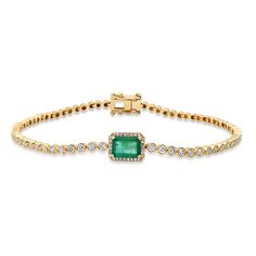 Emerald with Diamond Halo & Diamond Tennis Bracelet – Milestones by Ashleigh Bergman Halo Bracelet, Fine Gold Jewelry, Emerald Bracelet, Emerald Engagement Ring Cut, Diamond Tennis Bracelet, Gold Diamond Jewelry, Bezel Set Diamond, Tennis Bracelet Diamond, Emerald Jewelry