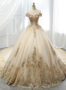 Champagne Ball Gown Tulle Gold Lace Appliques Wedding Dress Gold Dress Ballgown, Ballgown Style Wedding Dresses, Gold Color Wedding Dress, White Wedding Dress With Gold Accents, Gold White Wedding Dress, Gold Embellished Wedding Dress, Wedding Dresses With Gold Detail, Gold Accent Wedding Dress, Lace Sleeveless Wedding Dress