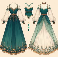 Fantasy Queen Outfit Drawing, Fairy Clothes Drawing Character Design, Water Themed Dress Drawing, Cute Witch Dress Drawing, Blue Fantasy Dress Drawing, Fay Dress, Slytherin Fashion, Disney Princess Outfits, Fantasy Dresses