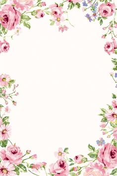 a floral frame with pink flowers and green leaves