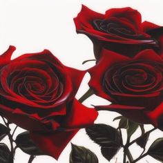 three red roses with green leaves on white background