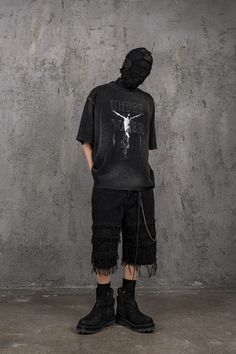 Delve into a realm where the antiquity of gothic charm blends flawlessly with the essence of wear and tear in the Distressed Jesus T-Shirt. The front is emblazoned with powerful graphics that interweave the brand's logo, creating an impactful visual narrative. The entire piece has undergone a water-washing process, resulting in a mottled, authentically aged look that speaks volumes of its vintage soul. The collar, cuffs, and hem boast a deliberately worn finish, adding to the shirt's overall all Visual Narrative, Vintage Soul, Jesus Tshirts, Insta Feed, Mens Cargo, Cargo Jeans, Sale Design, Logo Branding, Aesthetic Clothes