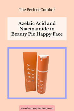 An orange Beauty Pie Happy Face bottle and its matching box displayed on a soft peach background with a purple border accent. Beauty Pie, Reduce Acne, Azelaic Acid, Dynamic Duo, Happy Face, Irritated Skin, Clear Skin