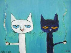 two cats are standing next to each other in front of a blue background and one has yellow eyes