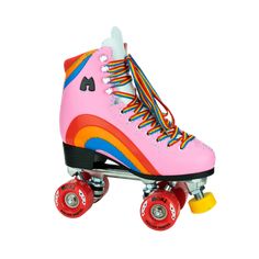 pink roller skate with colorful wheels and laces