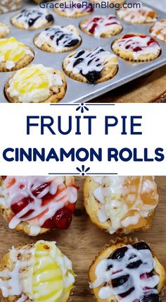 fruit pie cinnamon rolls on a tray with the title overlay reads, fruit pie cinnamon rolls