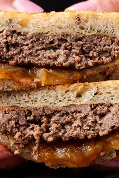 a close up of a person holding a sandwich in their hand with meat and cheese on it