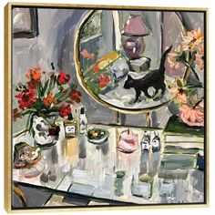 a painting of a cat in front of a mirror with flowers and bottles on the table