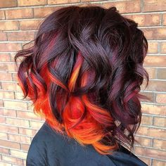 Fall is in the HAIR! 🍁🍂 Color by PRAVANA Artistic Educator @foxwithlocks Formula 👉🏼Base: Equal parts ChromaSilk 5.37 + 5.66,... Vibrant Hair Color Ideas Fun, Fall Vivid Hair Color Short Hair, Desert Sunset Hair, Burgundy Orange Hair, Sunset Hair Color Ombre, Vivid Hair Color Ideas For Brunettes, Fall Vivid Hair Color