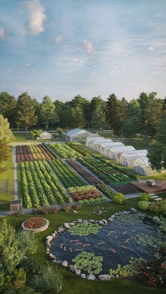 an artist's rendering of a garden with pond and greenhouses in the background