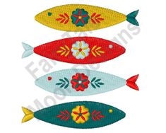 four different colored fish with flowers on them