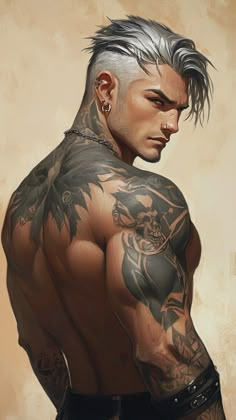 a drawing of a man with tattoos on his chest and arm, looking to the side