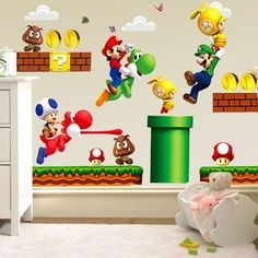 the mario bros wall decals are on display in this child's room