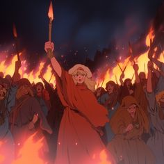 a woman holding a stick in front of a crowd of people with flames behind her