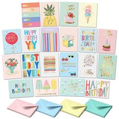 birthday cards and envelopes are arranged on a white background