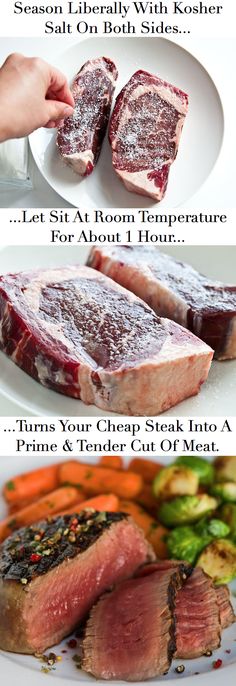 four different types of steaks and vegetables on a white plate with text overlay