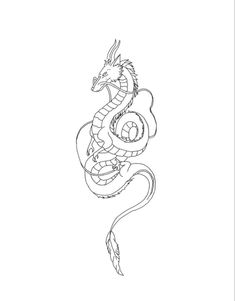 a black and white drawing of a dragon with its tail curled in the shape of a snake