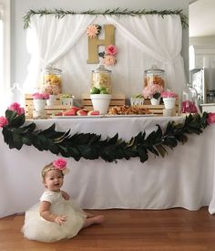 Floral birthday party. The perfect girl first birthday full of flowers, great food, and kid activities White First Birthday Party, Table Pallet, Pallet Backdrop, Photo Table, Birthday Table Decorations, Big Letter, Floral Birthday Party, 1st Birthday Party Decorations