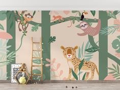 an animal themed wallpaper in a child's room with jungle animals and monkeys