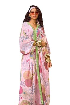 Pink kaftan with all over floral print and scalloped lace. Comes with flared pant. - Aza Fashions Festive Floral Print Kimono, Elegant Pink Printed Kaftan, Pink Floor-length Kaftan For Spring, Pink Floor-length Spring Kaftan, Fitted Pink Kaftan, Pink Bohemian Maxi Set, Pink Fitted Bohemian Kaftan, Fitted Pink Bohemian Kaftan, Bollywood Style Multicolor Kaftan For Spring