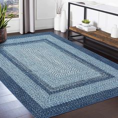 a blue area rug in a living room next to a couch and coffee table with potted plants