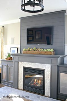 dark gray fireplace with shiplap Grey Painted Fireplace, Fireplace Herringbone, Gray Fireplace, Family Room Reveal, Fireplace And Tv, Fireplace Mantel Designs, Mantel Design, Shiplap Fireplace