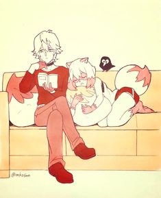 a drawing of two people sitting on a couch, one holding a cat and the other reading a book