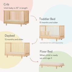 the baby crib is shown in three different sizes and features information for each bed