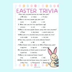 an easter trivia is shown with the words in pink and blue, on it