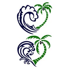 two palm trees in the shape of a heart and a rooster on top of it