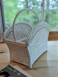 a wicker basket sitting on top of a wooden table next to a magazine holder