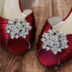 "Dress up your wedding day with these 1 3/4\" peep toe wedding shoes. These lovely wedding shoes are shown here in ruby red with our classic rhinestone cluster on the toe. Want to see other designs by Ellie Wren? Check out are full Etsy Shop here: https://www.etsy.com/shop/EllieWrenWeddingShoe Color Changes Love this design, but wishing it was in a different color? We can do that! Please use the dropdown menu to select a different color.  Base Shoe Style Changes We can adapt this design to a var Wide Width Wedding Shoes, Wedding Shoes Red, Wedding Shoes Open Toe, Red Bridal Shoes, Silver Low Heels, Dream Wedding Shoes, Bling Wedding Shoes, Red Kitten Heels, Red Wedding Shoes