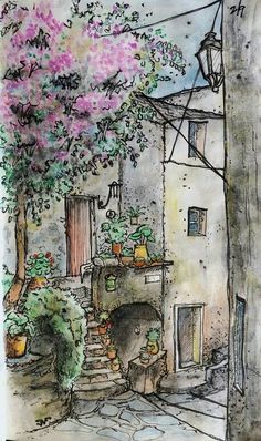 an ink drawing of a house with stairs and flowers on the tree in front of it