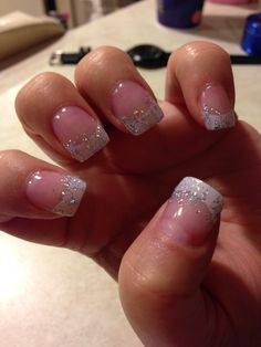 French manicure with glitter, love it! Winter Shellac, White French Tips With Glitter, French Manicure With Glitter, French Tips With Glitter, Manicure With Glitter, Glitter French Tip, White French Tips, Gel Manicure Colors, Pink French Manicure