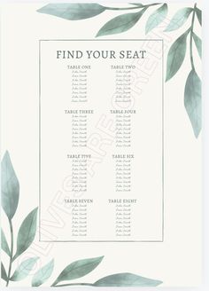 a seating chart with leaves on it and the words find your seat written in green